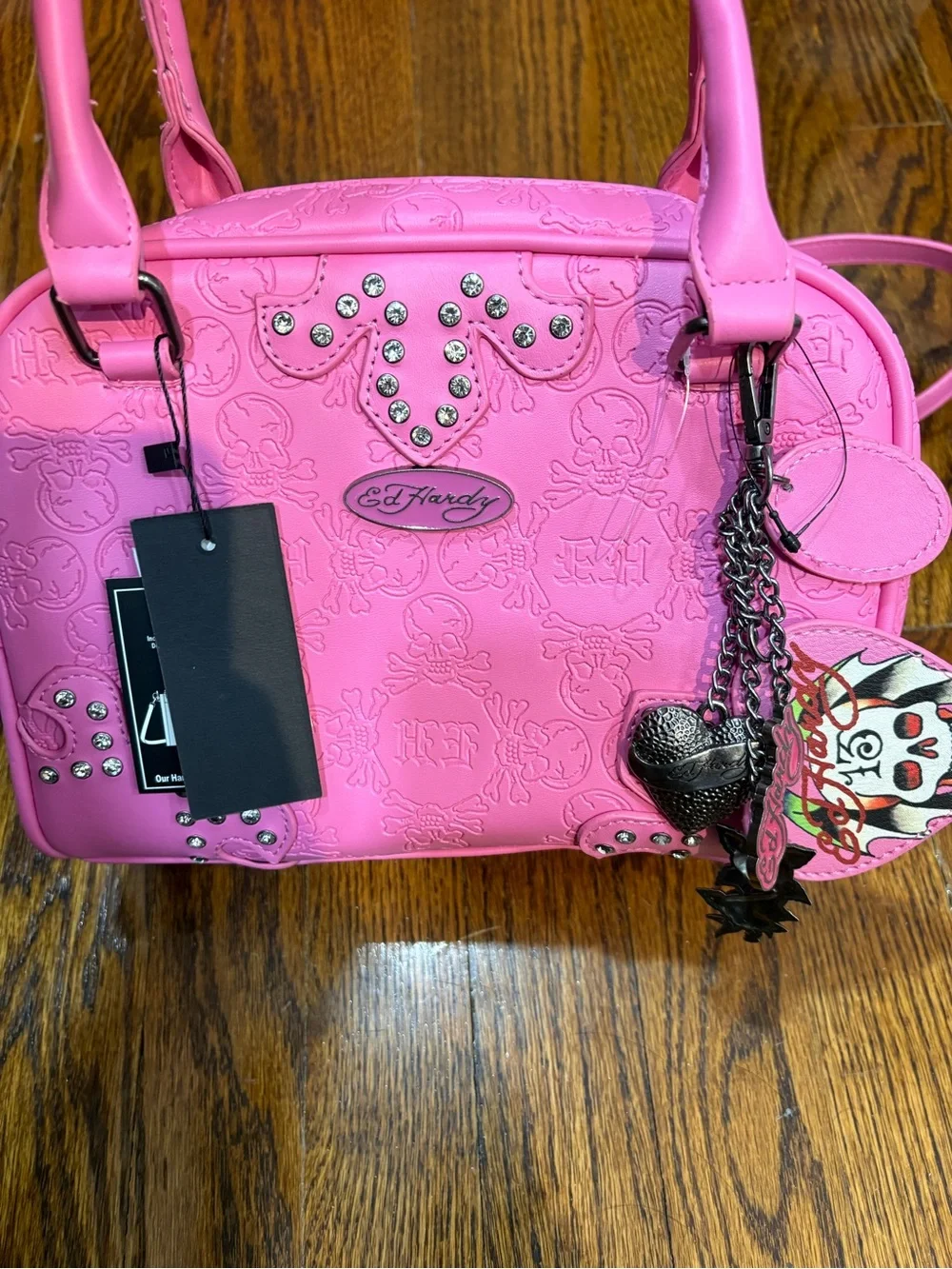 Ed Hardy Hot Pink Embossed Satchel with Skull Charm